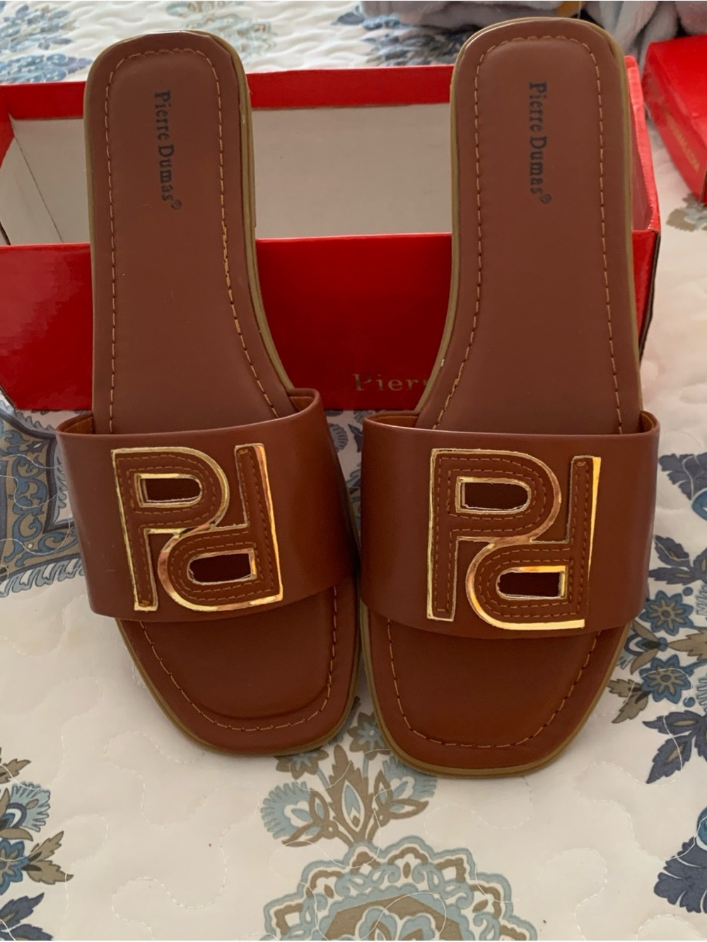 Pierre Dumas Cognac Slide Mules with Gold PD Accent